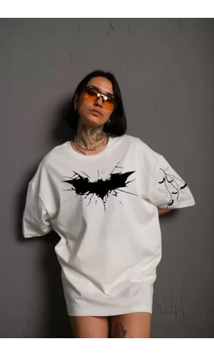 Luz&Pos Unisex Ön Ve Kol Baskılı Oversize T-shirt - Beyaz