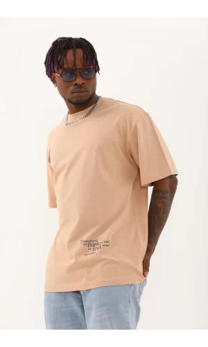 Luz&Pos Unisex Oversize Baskılı Bisiklet Yaka T-shirt - Bej