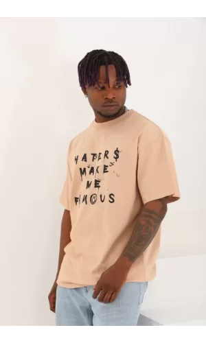 Unisex Oversize Baskılı Bisiklet Yaka T-Shirt - Bej