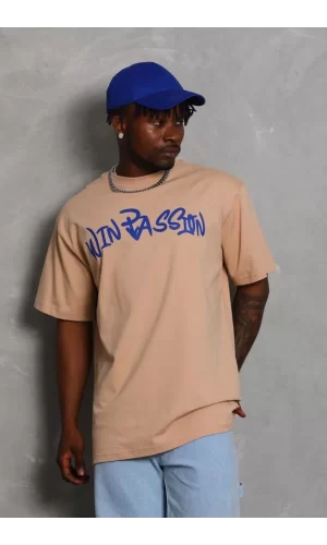 Luz&Pos Unisex Oversize Baskılı Bisiklet Yaka T-shirt - Bej