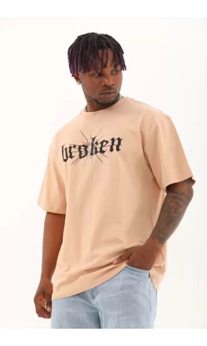 Luz&Pos Unisex Oversize Baskılı Bisiklet Yaka T-shirt - Bej