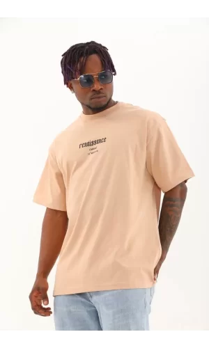 Luz&Pos Unisex Oversize Baskılı Bisiklet Yaka T-shirt - Bej