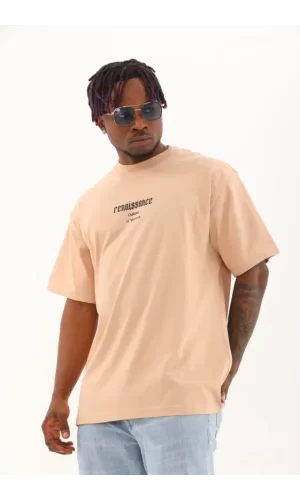 Unisex Oversize Baskılı Bisiklet Yaka T-Shirt - Bej