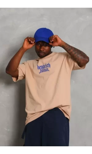 Unisex Oversize Baskılı Bisiklet Yaka T-Shirt - Bej