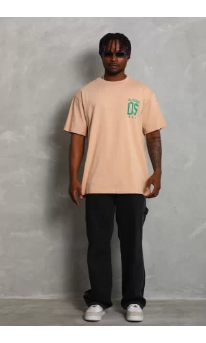 Luz&Pos Unisex Oversize Baskılı Bisiklet Yaka T-shirt - Bej