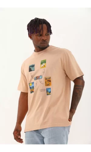 Luz&Pos Unisex Oversize Baskılı Bisiklet Yaka T-shirt - Bej