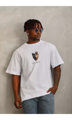Luz&Pos Unisex Oversize Baskılı Bisiklet Yaka T-shirt - Beyaz