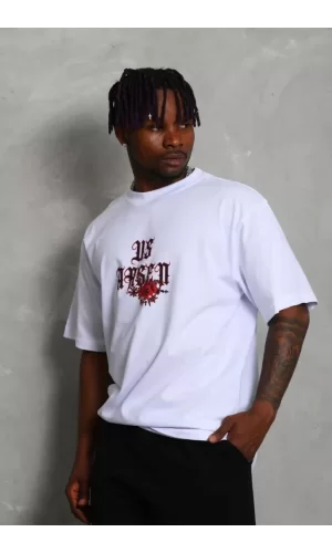 Unisex Oversize Baskılı Bisiklet Yaka T-Shirt - Beyaz