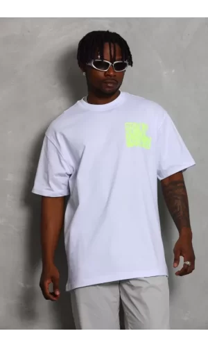 Unisex Oversize Baskılı Bisiklet Yaka T-Shirt - Beyaz