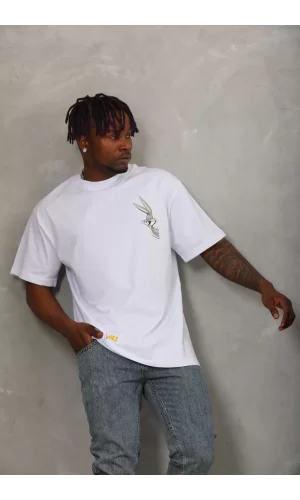 Luz&Pos Unisex Oversize Baskılı Bisiklet Yaka T-shirt - Beyaz