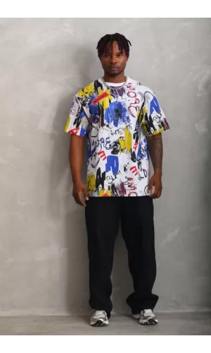 Luz&Pos Unisex Oversize Baskılı Bisiklet Yaka T-shirt - Beyaz