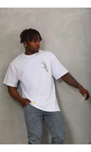 Unisex Oversize Baskılı Bisiklet Yaka T-Shirt - Beyaz