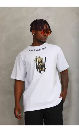 Luz&Pos Unisex Oversize Baskılı Bisiklet Yaka T-shirt - Beyaz