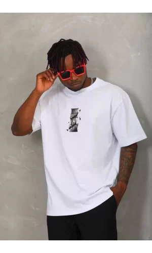 Luz&Pos Unisex Oversize Baskılı Bisiklet Yaka T-shirt - Beyaz