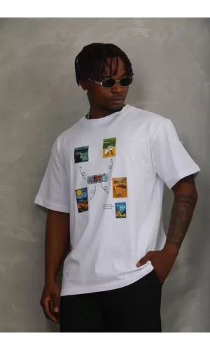 Unisex Oversize Baskılı Bisiklet Yaka T-Shirt - Beyaz