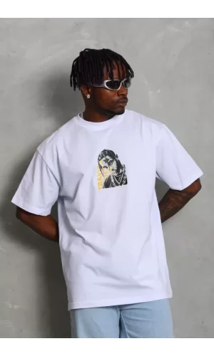 Unisex Oversize Baskılı Bisiklet Yaka T-Shirt - Beyaz