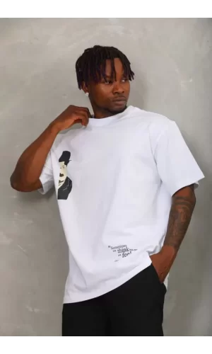 Unisex Oversize Baskılı Bisiklet Yaka T-Shirt - Beyaz