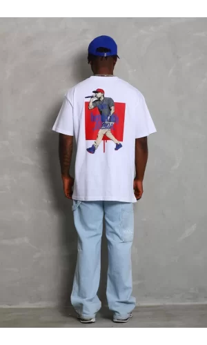 Luz&Pos Unisex Oversize Baskılı Bisiklet Yaka T-shirt - Beyaz