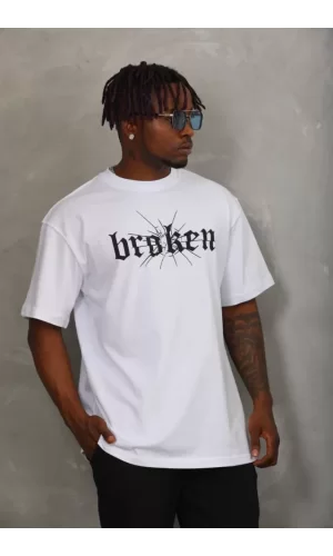 Unisex Oversize Baskılı Bisiklet Yaka T-Shirt - Beyaz