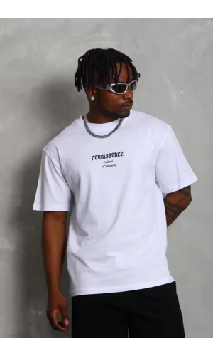 Unisex Oversize Baskılı Bisiklet Yaka T-Shirt - Beyaz