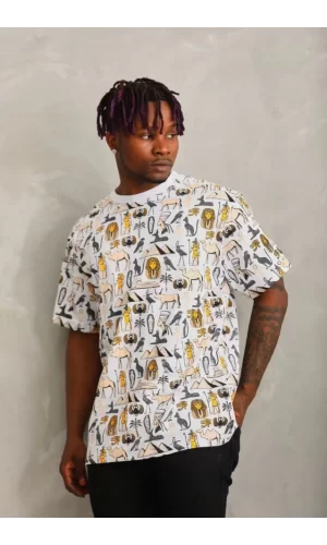 Unisex Oversize Baskılı Bisiklet Yaka T-Shirt - Beyaz