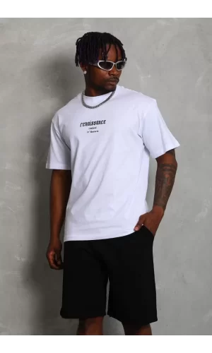 Luz&Pos Unisex Oversize Baskılı Bisiklet Yaka T-shirt - Beyaz