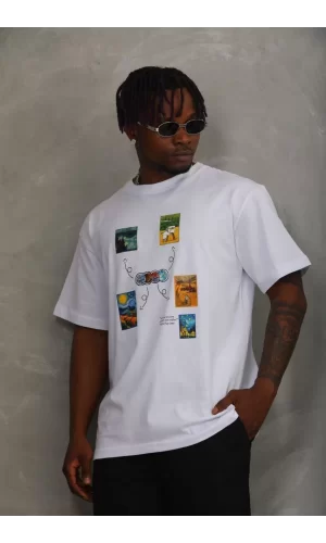Luz&Pos Unisex Oversize Baskılı Bisiklet Yaka T-shirt - Beyaz