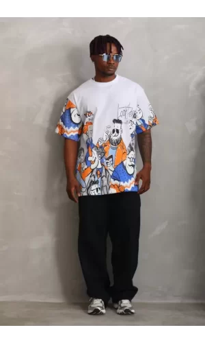 Unisex Oversize Baskılı Bisiklet Yaka T-Shirt - Beyaz