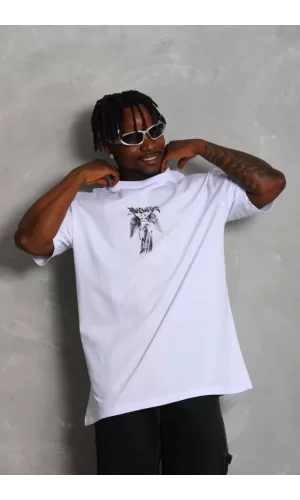 Unisex Oversize Baskılı Bisiklet Yaka T-Shirt - Beyaz