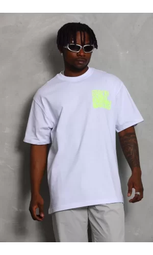 Luz&Pos Unisex Oversize Baskılı Bisiklet Yaka T-shirt - Beyaz
