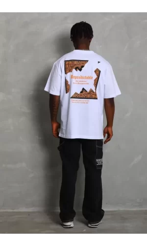 Unisex Oversize Baskılı Bisiklet Yaka T-Shirt - Beyaz
