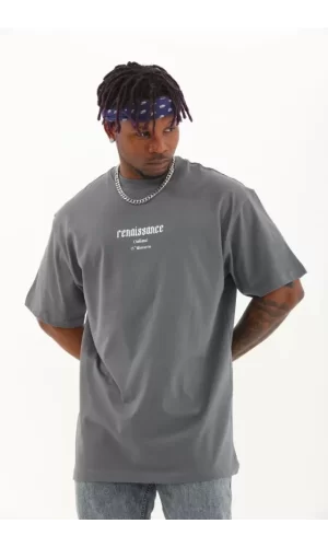 Unisex Oversize Baskılı Bisiklet Yaka T-Shirt - Füme