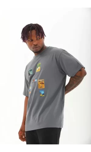 Unisex Oversize Baskılı Bisiklet Yaka T-Shirt - Füme