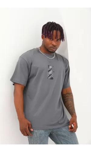 Unisex Oversize Baskılı Bisiklet Yaka T-Shirt - Füme