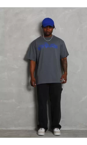 Luz&Pos Unisex Oversize Baskılı Bisiklet Yaka T-shirt - Füme