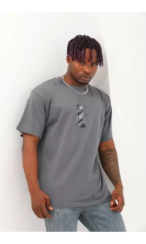 Luz&Pos Unisex Oversize Baskılı Bisiklet Yaka T-shirt - Füme