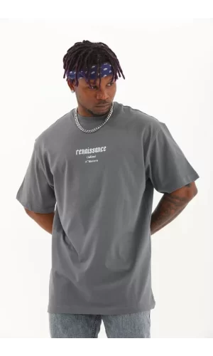 Luz&Pos Unisex Oversize Baskılı Bisiklet Yaka T-shirt - Füme