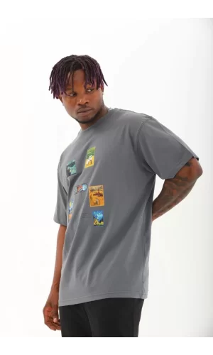 Luz&Pos Unisex Oversize Baskılı Bisiklet Yaka T-shirt - Füme