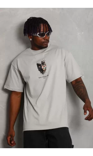 Luz&Pos Unisex Oversize Baskılı Bisiklet Yaka T-shirt - Gri
