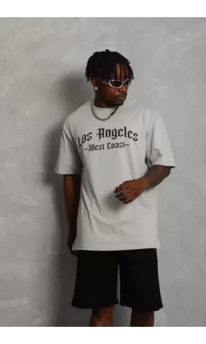 Unisex Oversize Baskılı Bisiklet Yaka T-Shirt - Gri