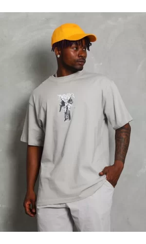 Luz&Pos Unisex Oversize Baskılı Bisiklet Yaka T-shirt - Gri