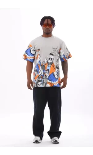 Unisex Oversize Baskılı Bisiklet Yaka T-Shirt - Gri