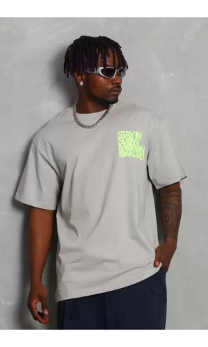 Unisex Oversize Baskılı Bisiklet Yaka T-Shirt - Gri