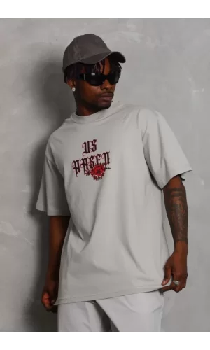 Unisex Oversize Baskılı Bisiklet Yaka T-Shirt - Gri