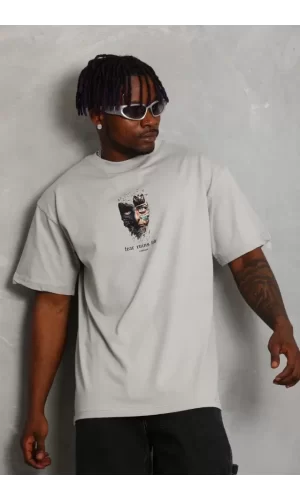 Unisex Oversize Baskılı Bisiklet Yaka T-Shirt - Gri