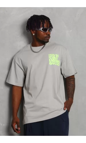 Luz&Pos Unisex Oversize Baskılı Bisiklet Yaka T-shirt - Gri