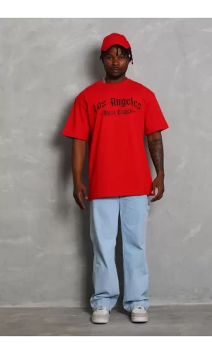 Luz&Pos Unisex Oversize Baskılı Bisiklet Yaka T-shirt - Kırmızı