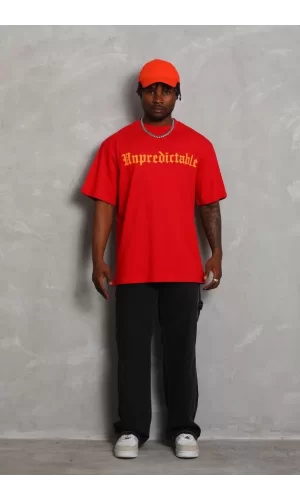 Luz&Pos Unisex Oversize Baskılı Bisiklet Yaka T-shirt - Kırmızı