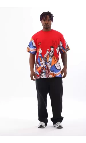 Unisex Oversize Baskılı Bisiklet Yaka T-Shirt - Kırmızı