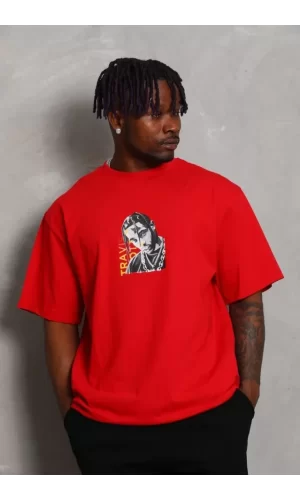 Unisex Oversize Baskılı Bisiklet Yaka T-Shirt - Kırmızı